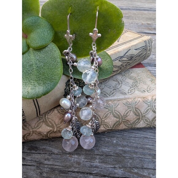 Vintage Sterling Rose Quartz Pearl Earrings, Silver Gemstone Dangle Earrings - Picture 2 of 10